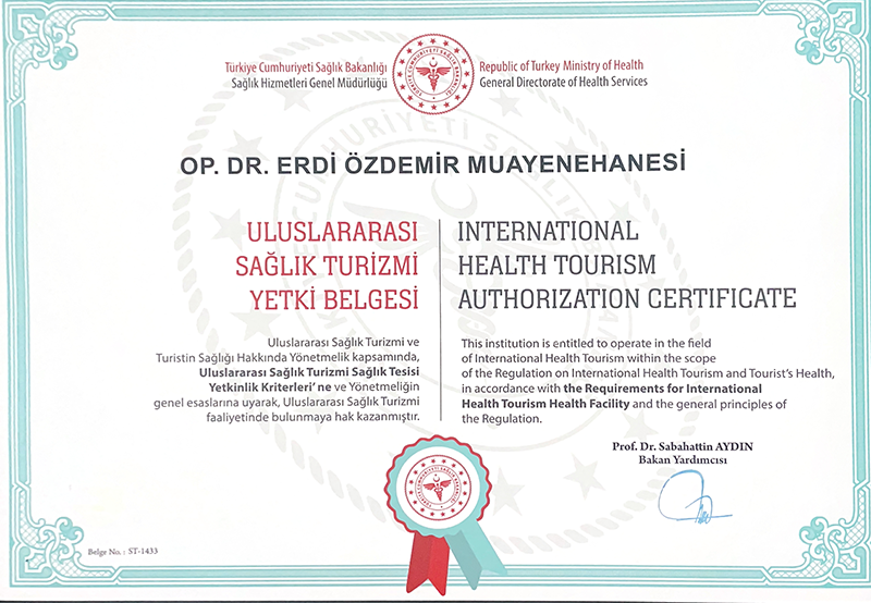 International Health Tourism Authorization Certificate - Op. Dr. Erdi Özdemir